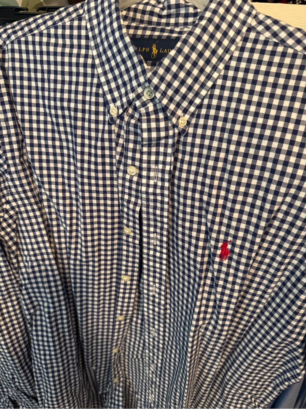 Ralph Lauren Navy and White Gingham Button-Down Shirt with Red Polo Logo
